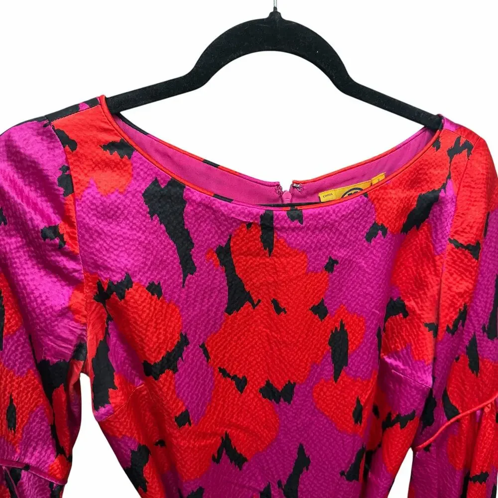 Tory Burch Pure Silk Pink Red Black Belted Tie Waist Mini Dress Size 2 Preppy